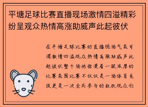 平塘足球比赛直播现场激情四溢精彩纷呈观众热情高涨助威声此起彼伏